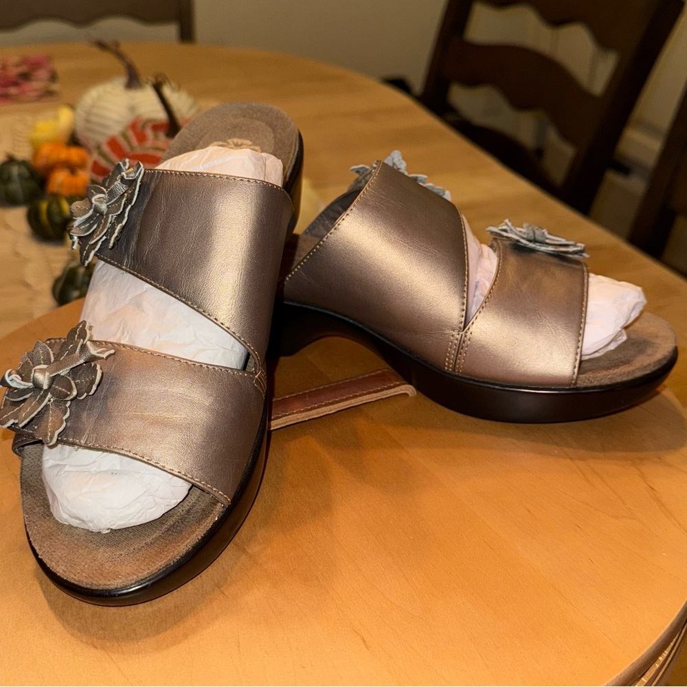 Dansko Metallic Slide Sandals with Floral Detail
